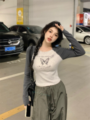 Large size American contrast raglan sleeve butterfly print long sleeve T