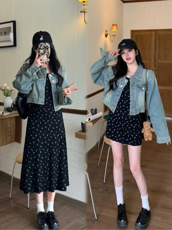 Plus size women's black floral slim-fitting suspender skirt + denim jacket two-piece set fat girl temperament suspender belt