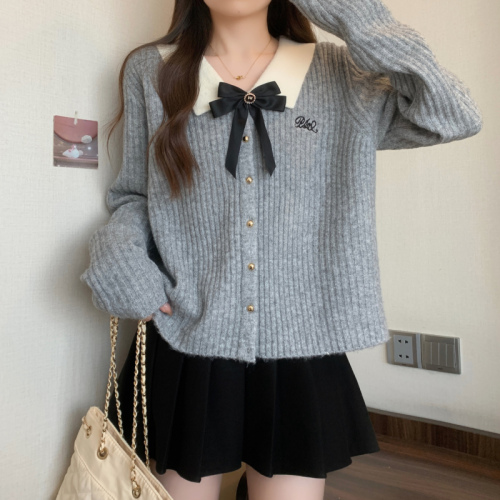 Large size gray small fragrant style sweater autumn and winter new style bow sweater fat mm slimming top