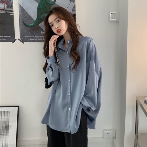 New loose mid-length haze blue lazy style casual salt long-sleeved shirt top for women