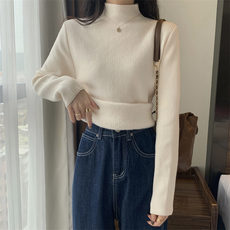 New velvet thickened bottoming sweater integrated mink velvet half turtleneck with knitted sweater inside