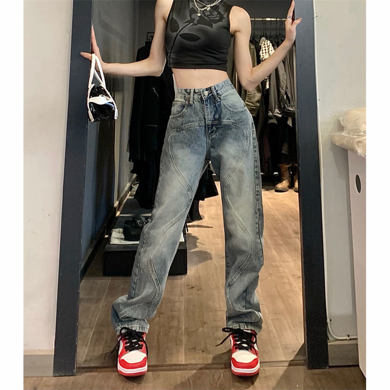 High-waisted jeans for women in summer new style straight-leg loose American retro design slim wide-leg pants