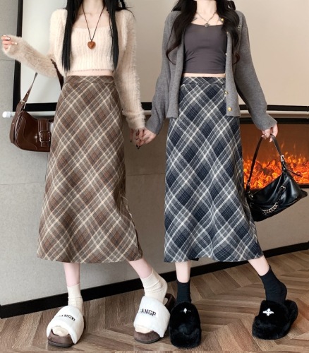 Plus size fat MM winter Korean style woolen high-waisted long skirt chi plaid mid-length skirt for women