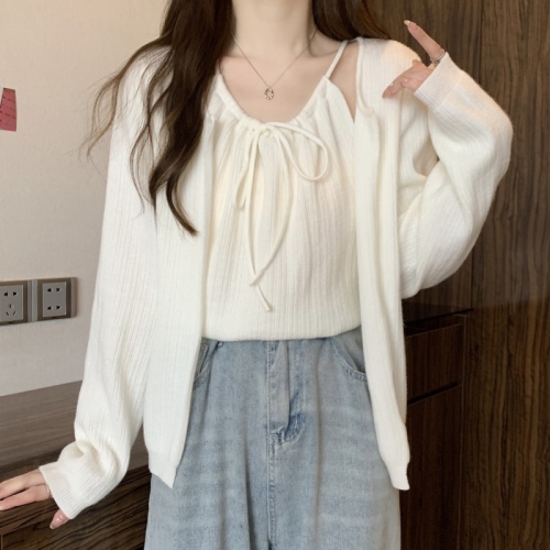 Large size new gentle design suit temperament solid color versatile cardigan camisole two-piece set