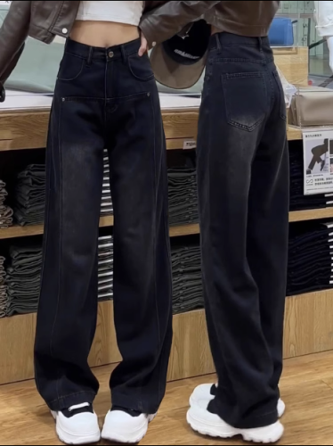 Official picture of the new autumn and winter large size wide-leg denim trousers for fat girls mm loose slimming high-waisted straight floor-length trousers