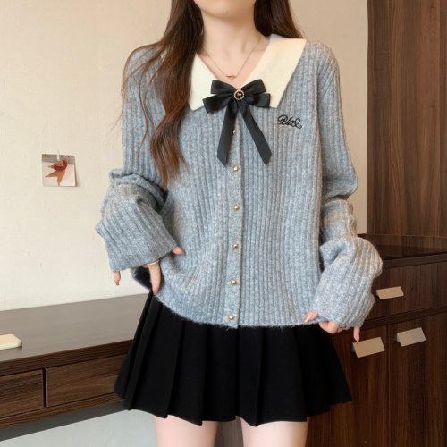 Large size gray small fragrant style sweater autumn and winter new style bow sweater fat mm slimming top