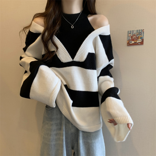 Plus size women's fat mm fake two-piece small machine halter neck off-shoulder sweater striped western style knitted bottoming shirt