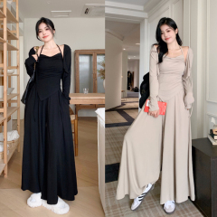 Plus size women's irregular suspender sun protection cardigan top women's loose flesh-covering casual skirt and pants three-piece set