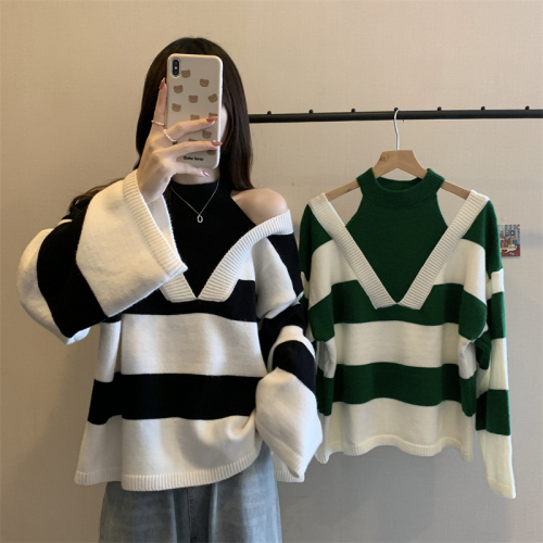 Plus size women's fat mm fake two-piece small machine halter neck off-shoulder sweater striped western style knitted bottoming shirt