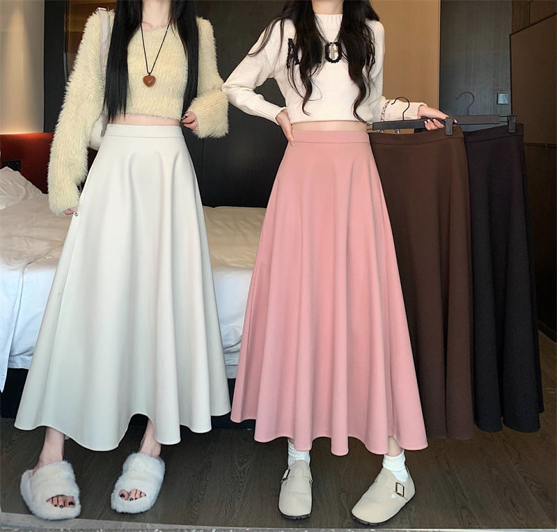Autumn and winter new slim and versatile simple woolen A-line skirt mid-length skirt with wide hem