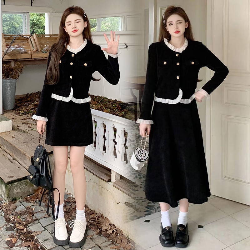 Plus size women's fat mm corduroy two-piece set with fungus edge, small fragrance, slimming and flesh-covering two-piece set