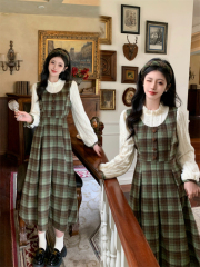 Large size 2024 forest style retro fake two-piece long-sleeved dress with waist and slimming plaid skirt