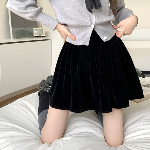 High-waisted pleated gold velvet skirt for women winter new Korean style small black a-line skirt