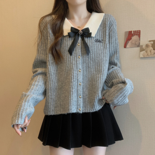 Large size gray small fragrant style sweater autumn and winter new style bow sweater fat mm slimming top