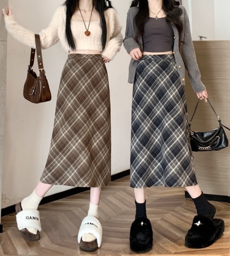 Plus size fat MM winter Korean style woolen high-waisted long skirt chi plaid mid-length skirt for women