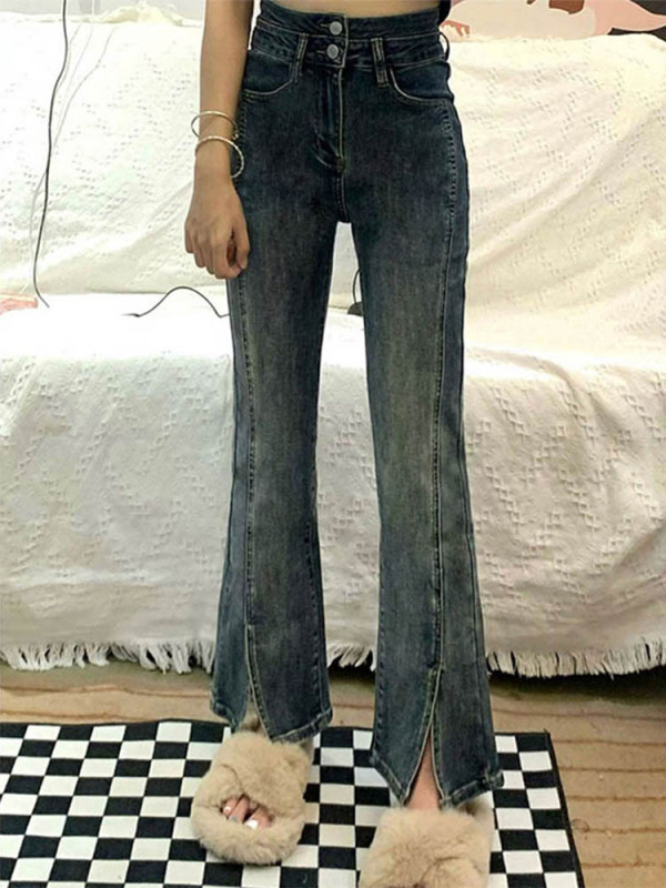 Pear-shaped figure slit high waist elastic American retro blue jeans plus size women fat mm slimming new style