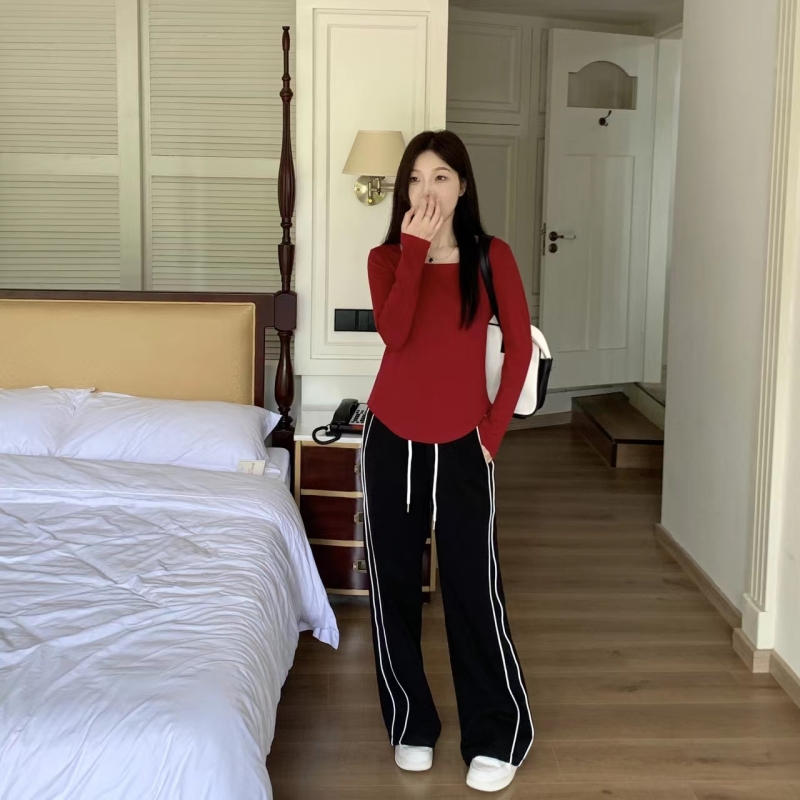 Large size fat MM long-sleeved T-shirt women's autumn 2023 new pure desire square collar slim bottoming top