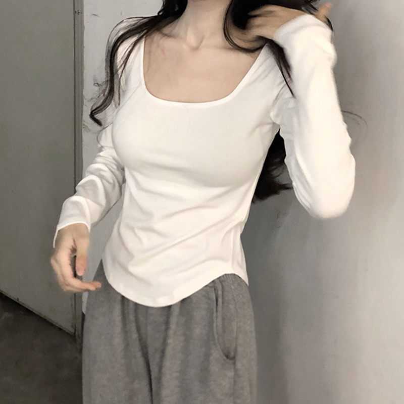 Square collar top for women, white velvet bottoming shirt, spring, autumn and winter new style, low-necked T-shirt, tight-fitting and thickened