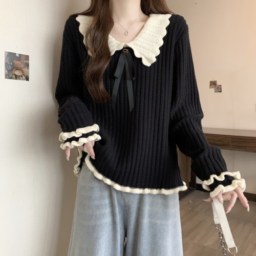 Large size design contrasting color doll collar fungus edge sweater women's winter fat mm slimming top