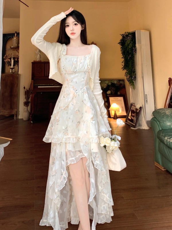 Large size French tea break sweet floral suspender dress with irregular tail fairy skirt