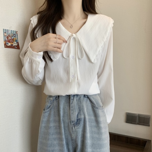 Large size French design niche doll collar shirt women's new white loose long-sleeved shirt trendy