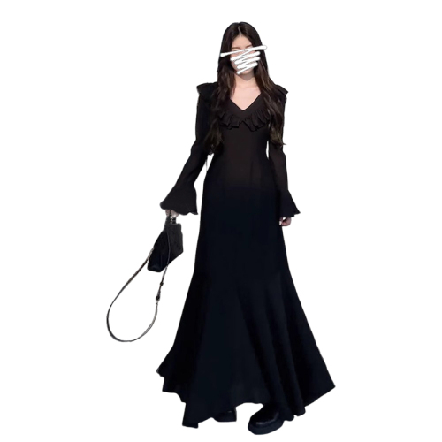 Hepburn style long-sleeved black v-neck dress autumn women's new high-end French fishtail long dress