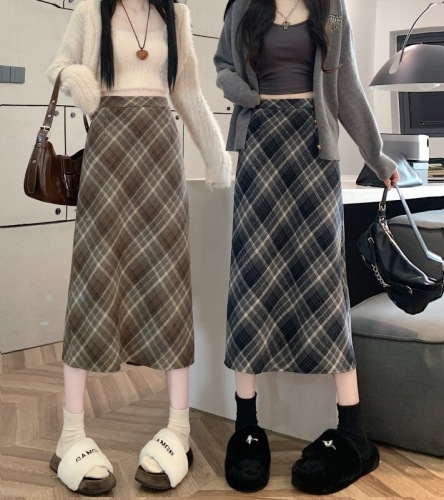 Plus size fat MM winter Korean style woolen high-waisted long skirt chi plaid mid-length skirt for women