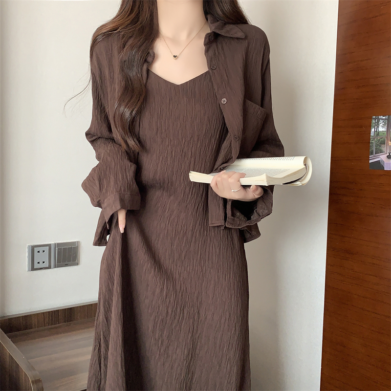 Pleated skin-friendly texture fabric shirt suspender skirt two-piece loose large size slim early autumn suit trendy