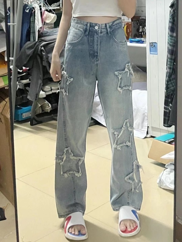 Straight-leg jeans for women, design niche, loose wide-leg pants for small people, high street vibe floor-length pants