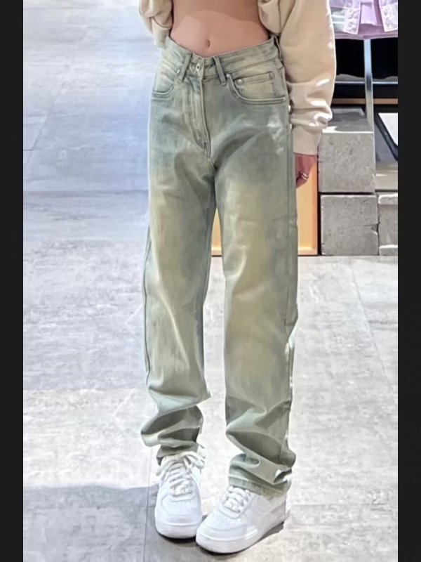 European and American vibe yellow mud high street washed distressed jeans women's straight loose slimming floor-length pants trendy ins