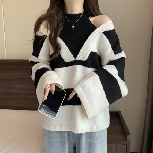 Plus size women's fat mm fake two-piece small machine halter neck off-shoulder sweater striped western style knitted bottoming shirt