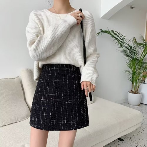 New Korean style retro temperament woolen skirt for women slimming high waist A-line hip skirt to prevent exposure