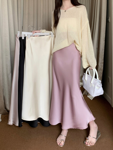 2024 new style silky satin drape mid-length skirt high waist slimming versatile fishtail skirt