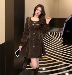 Plus size women's fashion style fat girl slimming autumn and winter temperament drawstring waist corduroy dress