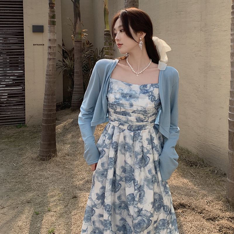 Plus size women's summer French socialite floral dress fat mm slim temperament suspender long skirt two-piece set
