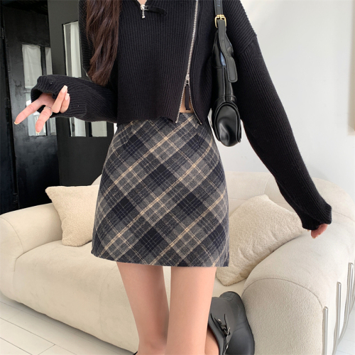 Woolen skirt, autumn and winter short skirt for women, new style, small high waist, slimming A-line plaid hip skirt