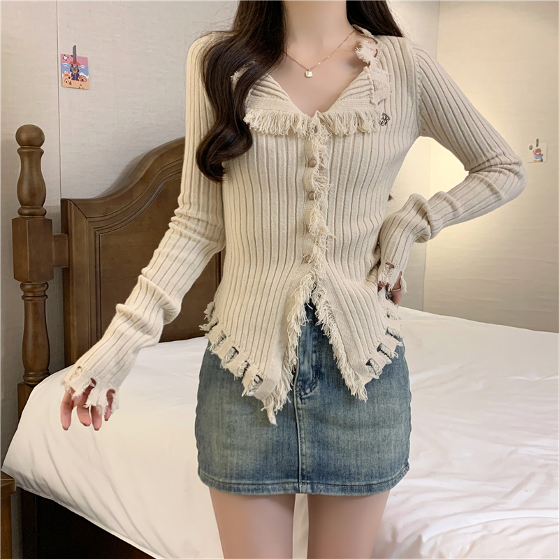Plus size autumn and winter American hottie fringed Maillard style cardigan sweater jacket women's woolen bottoming top