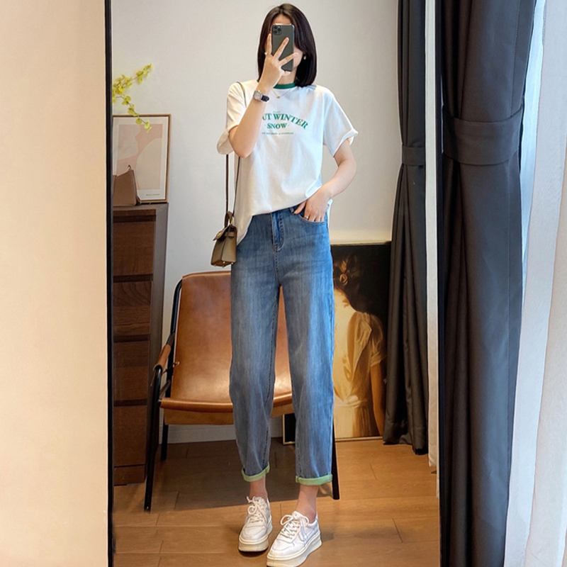 Light-colored harem jeans for women in summer thin high-waisted loose daddy carrot pants for fat girls plus size slimming pants