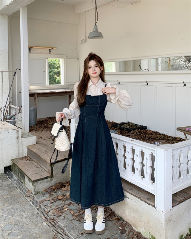 Plus size women's bell sleeve shirt + waist denim suspender skirt French style two-piece long skirt