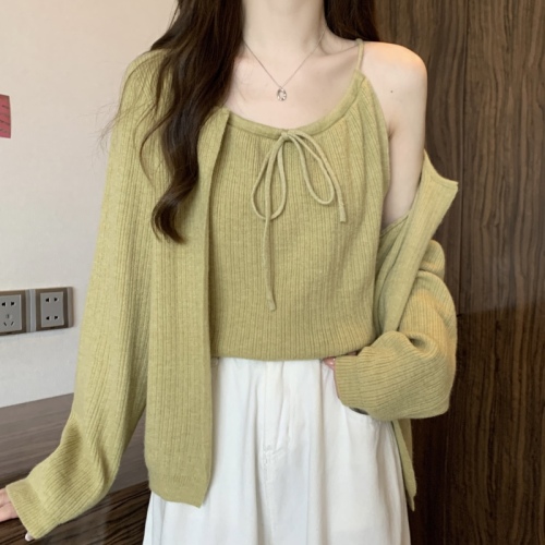 Large size new gentle design suit temperament solid color versatile cardigan camisole two-piece set