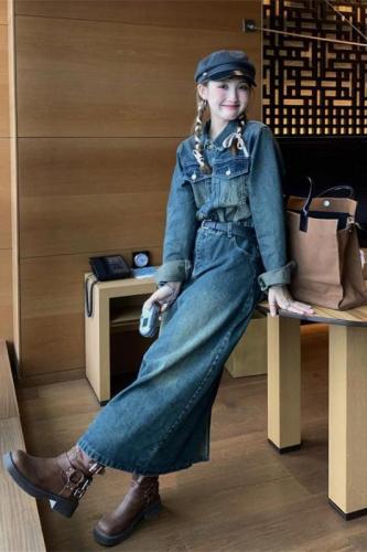 Large size retro Hong Kong style distressed Korean style versatile Hong Kong style waist-cinching loose denim dress