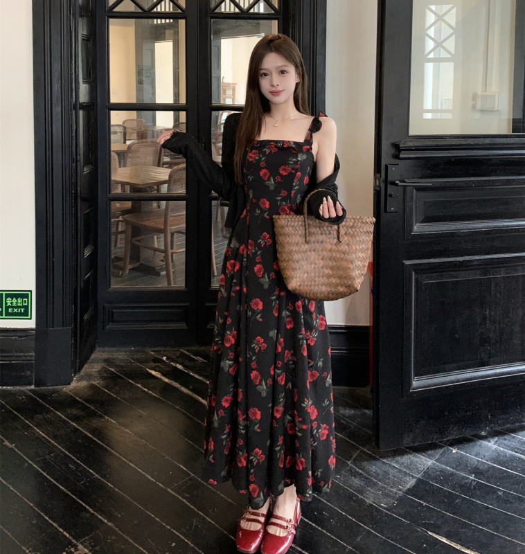 Plus size women's fat mm French retro rose color large swing skirt suspender skirt + lazy cardigan two-piece set