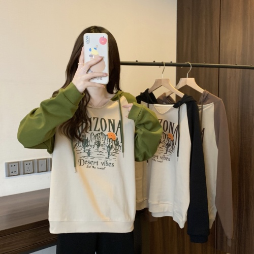 Women's large size American retro print color block sweatshirt loose thin hooded letter long sleeve top for women