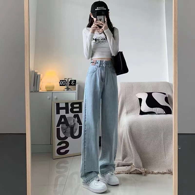 Large size jeans with waist logo design for fat women, slimming high waist ins trendy wide leg floor mopping pants, loose
