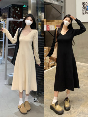 Autumn and winter fat girl plus size women's knitted V-neck waist A version slimming and flesh-covering coat dress