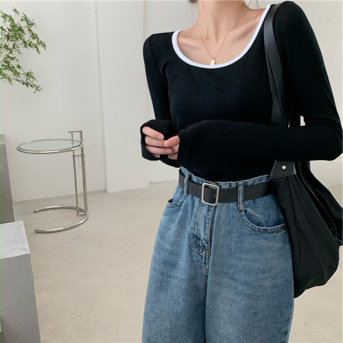 Large size black long-sleeved T-shirt women's inner-clavicle bottoming shirt short sweet and spicy ins trendy clothes