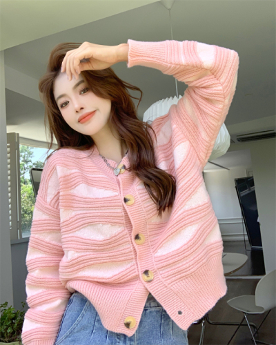 Plus size women's small fragrant wave striped sweater jacket niche knitted cardigan contrast color crop top