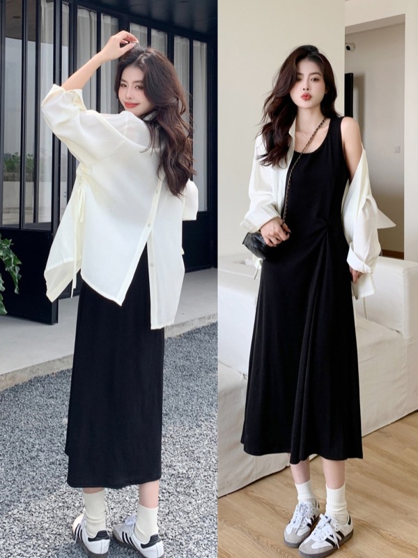 Designed drawstring shirt jacket shirt cardigan 2024 new style vest dress two-piece set mid-length dress