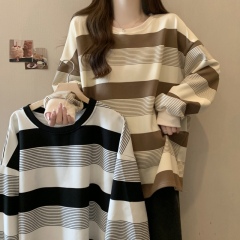 Plus size fat girl Korean style loose simple versatile striped round neck pullover T-shirt top