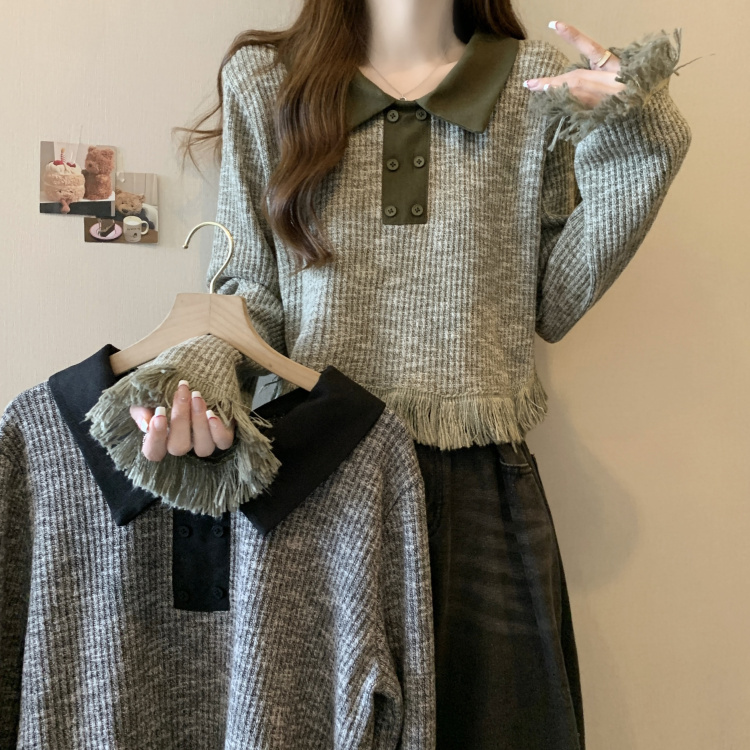 Plus size women's versatile POLO collar tassel splicing long-sleeved slimming top for fat girls